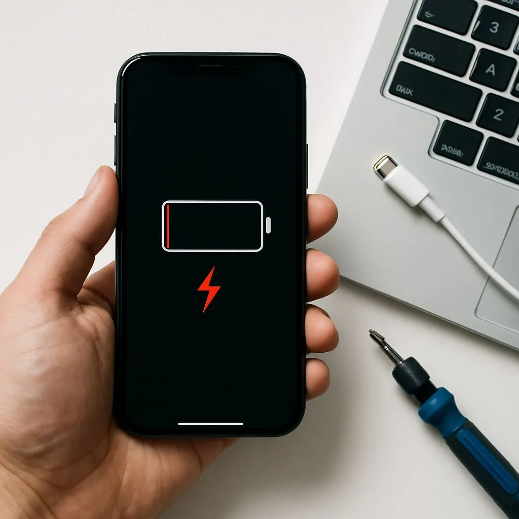 A hand holding a phone showing an almost empty battery icon with a red charging bolt, next to a laptop and charging cable