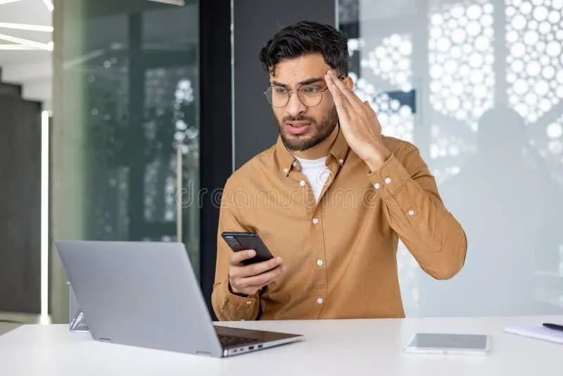A man at an office desk frowning at his phone, one hand raised to his temple, while a laptop sits open beside him